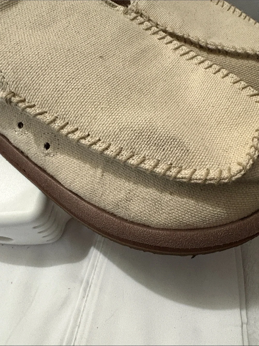Sanuk Men’s Cream Canvas Slip-On Loafers with Brown Footbed